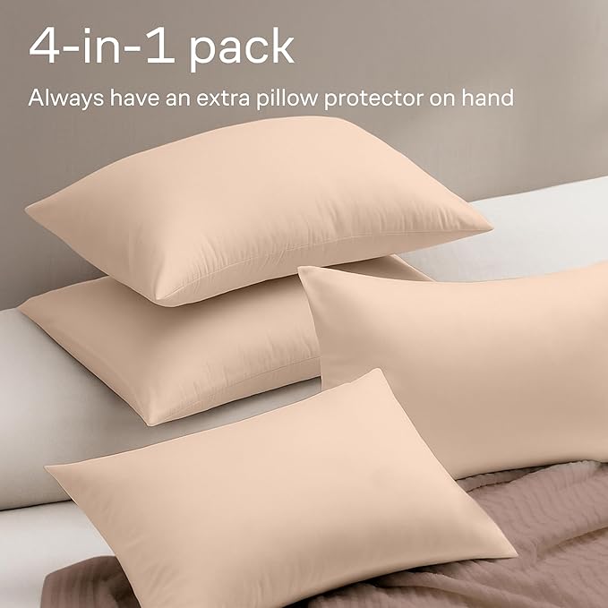 Ultra Soft Pillow Protectors with Zipper Queen Size - Set of 4 Breathable Pillow Covers - 100% Protection Against Stains, Dust & Dirt - Machine Washable (Cream)