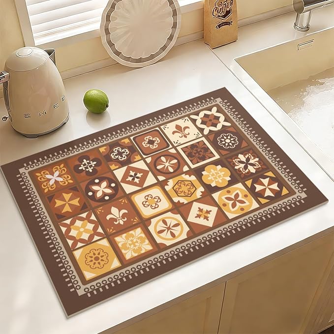 Bohemian Style Dish Drying Mat Coffee Maker Mat, Non-slip & Easy to Clean, Kitchen Mat for Dishes, Utensils, Pots and Pans (Whimsical Boho C)
