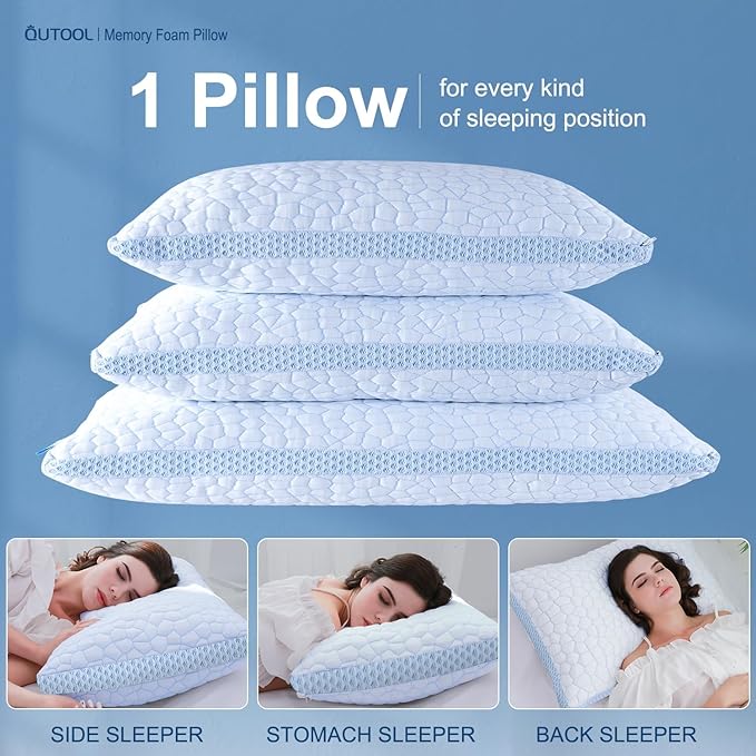 QUTOOL Enhanced Cooling Pillows for Sleeping, CertiPUR-US Shredded Memory Foam Pillows King Size Set of 1 for Hot Sleeper, Adjustable Bed Pillow for Side, Back, Stomach Sleepers Support Yet Soft, Blue