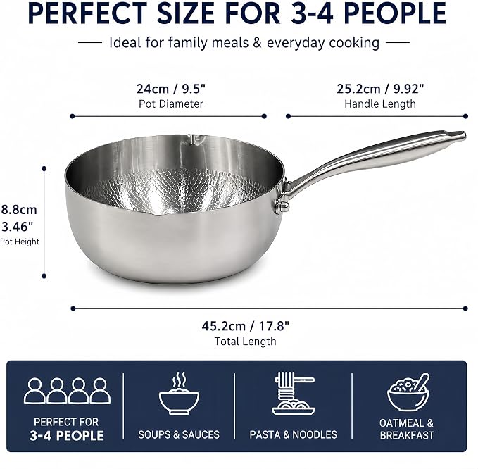 Titanium Saucepan with Lid, No Coating Non-Stick Titanium Pot（3 QT) | 500°F Heat Resistant,Fast & Even Heating,Universal Induction Gas Electric Glass Halogen Cooktops,Dual-Pour Spouts