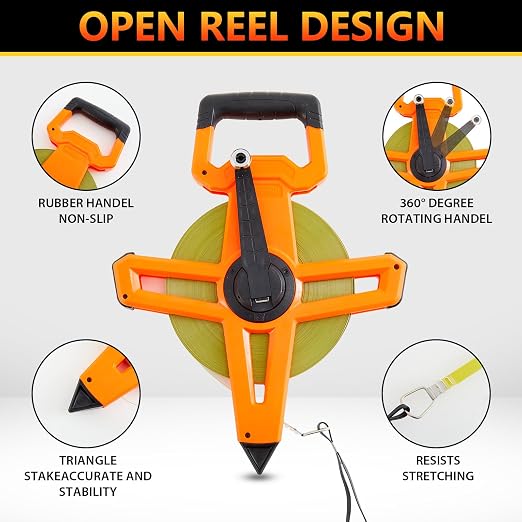 1 Pcs 100ft/30m Open Reel Steel Long Tape Measure, Heavy Duty 1/2" Nylon-Coated Blade with Dual Inch & Metric Scale, Tape Measure for Construction, Surveying, Concrete Work, Orange