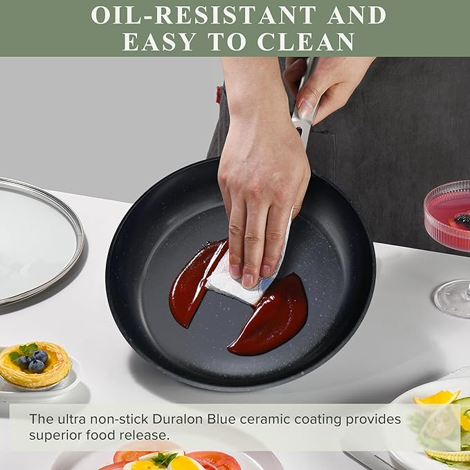 Nuwave Healthy Duralon Blue Ceramic Nonstick 12pc Cookware Set,Diamond Infused Scratch-Resistant,PFAS Free,Dishwasher & Oven Safe,Induction Ready & Evenly Heats, Tempered Glass Lids, Stay-Cool Handles