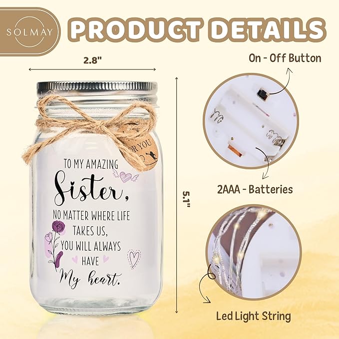 SOLMAY Unique Sister Birthday Gifts from Sister, Sentimental Keepsake Mason Jar for Big Sisters from Little Brother, Siblings Birthday Gift, Easter Gift for Sisters