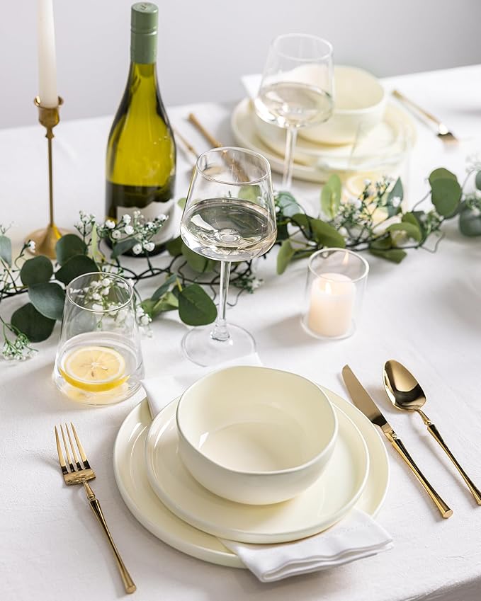 TheTerra Ceramic Dinnerware Sets for 4, 12 Pieces Porcelain Lightweight Plates and Bowls Sets, Scratch Resistant Dish Set, Oven & Microwave & Dishwasher Safe,Ivory