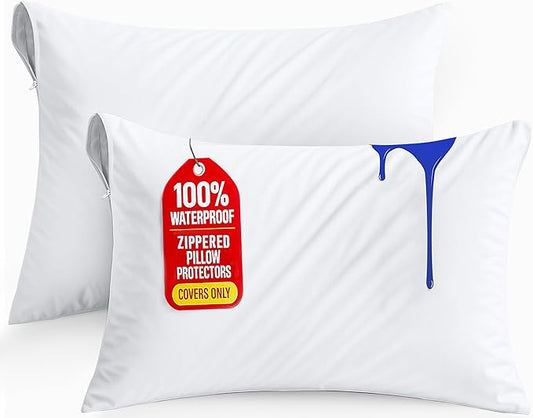 Set of 2 Pillow Protectors with Zipper Queen Size, Bed Bug and Dust Mite Proof Pillow Covers, Ultra Soft Pillow Encasements, Moisture Wicking and Waterproof Pillow Cases by Utopia Bedding (White)