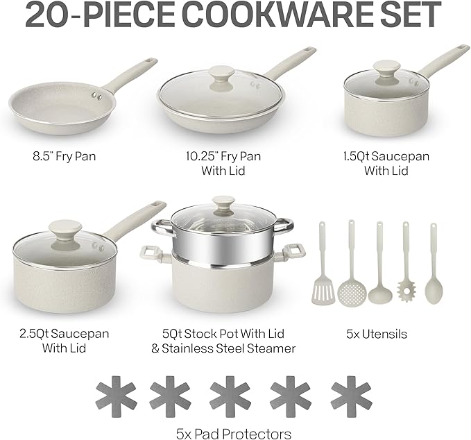 Granitestone 20 Pc Pots and Pans Set Non Stick Cookware Set with Steamer, Cooking Utensils and Pad Protectors, Stay Cool Handles, Oven and Dishwasher Safe