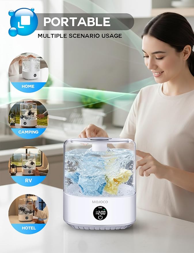 MOJOCO Mini Washing Machine - 3L Small Portable Washing Machine with 3 Wash Modes for Underwear, Socks & Baby Clothes - Rechargeable Countertop Mini Washer for Dorms, Hotels, Travel & Camping