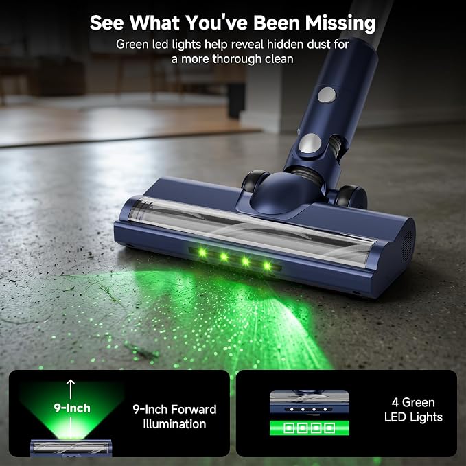 Cordless Vacuum Cleaner: Powerful Suction Stick Vacuum, Anti-Tangle Brush | Portable 6-in-1 Rechargeable Vacuum, Green LED Light, Ideal for Pet Hair, Low-Pile Carpets & Hard Floors-Dark Blue