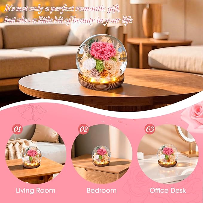 FIACO Gifts for Mom Women Preserved Flowers in Glass Dome Forever Flowers for Delivery Prime Eternal Roses Mothers Day Birthday for Grandma Sister Daughter Wife Her Girlfriend, Pink