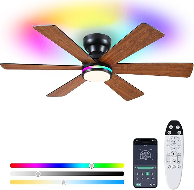 Asyko 46In Low Profile Ceiling Fans with RGB Light,Ceiling Fan, Modern Flush Mount Fan Light for Indoor Bedroom, Kids Room,Dimmable+3CCT, Quiet Reversible Motor