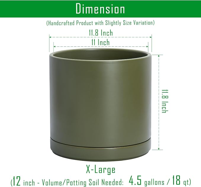 D'vine Dev 12 Inch Ceramic Planter Pot, Olive, 94-O-F-J | Modern Cylinder Design, Drainage Hole & Saucer Included, Stable Structure, Elegant Home Accent