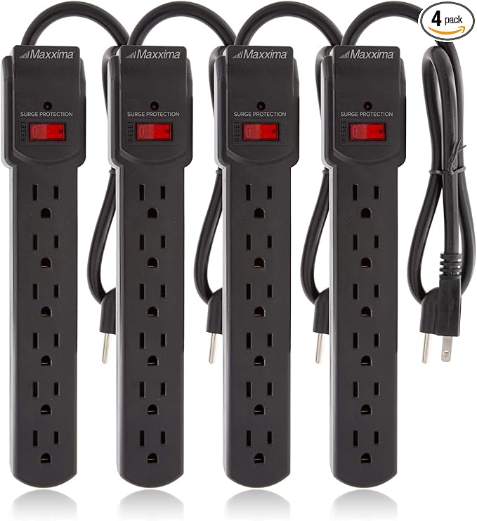 Maxxima 4-Pack 6 Outlet Power Strip Surge Protector - 300 Joules, Features Red On/Off Switch, Powers Multiple Electronics and Devices Simultaneously, Perfect for Home Appliances - Black