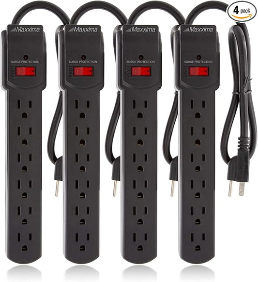 Maxxima 4-Pack 6 Outlet Power Strip Surge Protector - 300 Joules, Features Red On/Off Switch, Powers Multiple Electronics and Devices Simultaneously, Perfect for Home Appliances - Black