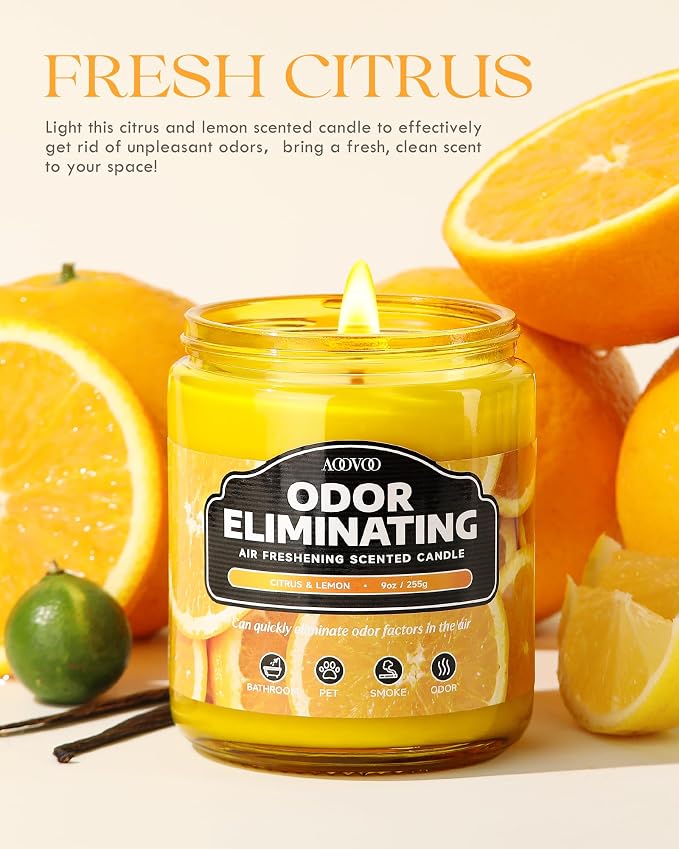 AOOVOO 2 Pack Citrus Lemon Odor Eliminating Highly Fragranced Candle Set - Eliminates 95% of Pet, Smoke, Food, and Other Smells Quickly, Non Toxic Air Freshing Soy Candle