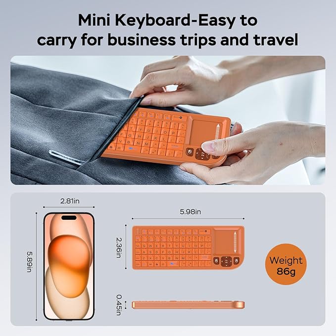 Mini Bluetooth Keyboard with Touchpad – Sturdy Aluminum Frame, Rechargeable & Portable – Seamless Connectivity for iPad, Mac, PC – The Perfect Companion for Smart Home, IT Tech & Field Service-Orange