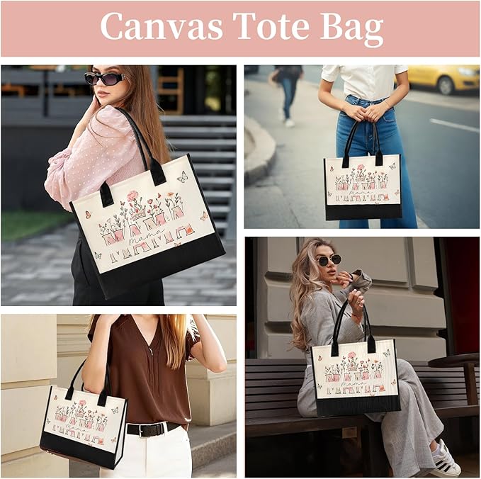 Mothers Day Gifts for Mom from Son Daughter- Large Canvas Tote Bag for Women New Mom Gifts, Floral Print Beach Bag Mama Gift for Mother's Day Birthday