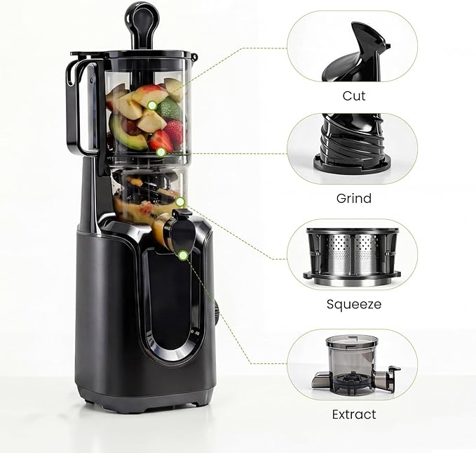 Slow Masticating Juicer Machines, Cold Press Juicer with Safety Lock & Reverse Function, 4.25" Feed Chute for Whole Fruits & Vegetables, High Juice Yield, Black