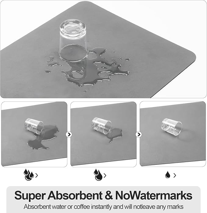 Ecotrim Absorbent Coffee Mat , Stain Hiding PU Leather Surface, Non-Slip Natural Rubber Backing, Quick Dry Mat for Espresso Machine, Kitchen Counter ,Grey | 17" x 31.5"