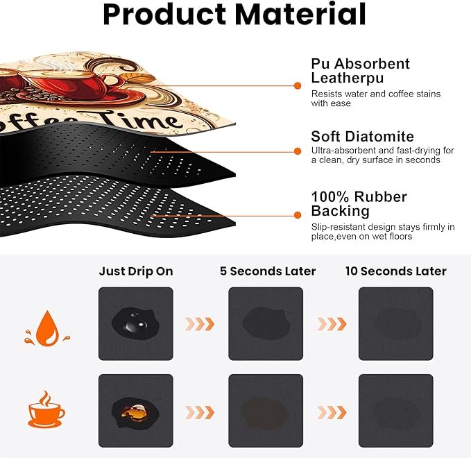 Coffee Mat 17"x32" - Extra Large Absorbent Non Slip Dish Drying Mat,Coffee Bar Accessories,Kitchen Counter Protector for Coffeemaker, Sink, Dining Decor