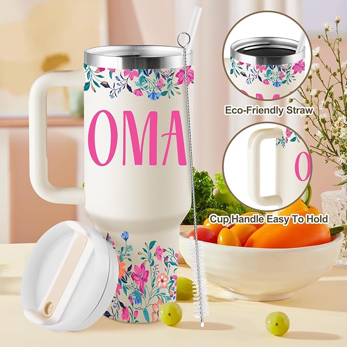 ROSTANTEN Oma Gifts Oma Mothers Day Gifts for Oma from Grandkids for Birthday Christmas 40oz Travel Cup Insulated Tumbler with Lid & Straw