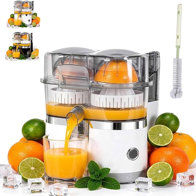 Dual-Head Automatic Citrus Juicer, Electric Citrus Juicer With Built In Cutter, One Touch Orange Lemon Lime Squeezer, 2 Speed Juice Extractor With Cleaning Brush For Home Kitchen (White)