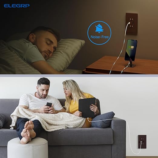ELEGRP USB Charger Wall Outlet, USB A & C Ports, 15 Amp Duplex Tamper Resistant Receptacle Plug NEMA 5-15R, Wall Plate Included, UL Listed, 2 Pack, Matte Brown
