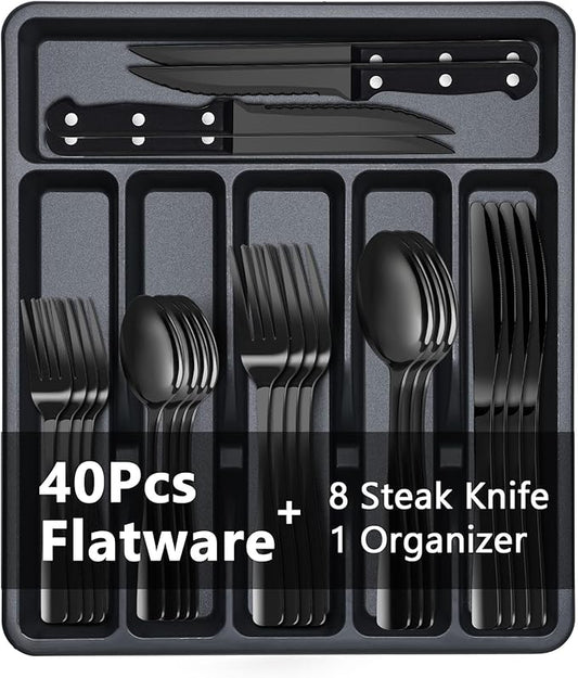 BEWOS 49-Piece Black Silverware Set with Organizer - Stainless Steel Silverware Set for 8 with Steak Knives and Drawer Organizer, Mirror Polished Flatware Set for Home and Restaurant, Dishwasher Safe