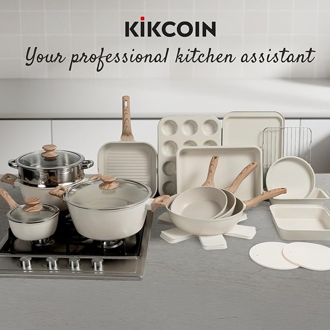 Kikcoin Pots and Pans Set Non Stick 31 Piece Kitchen Nonstick Cooking Cookware Sets with Grill Pan Saucepan Baking Sheet Utensil, Cream White