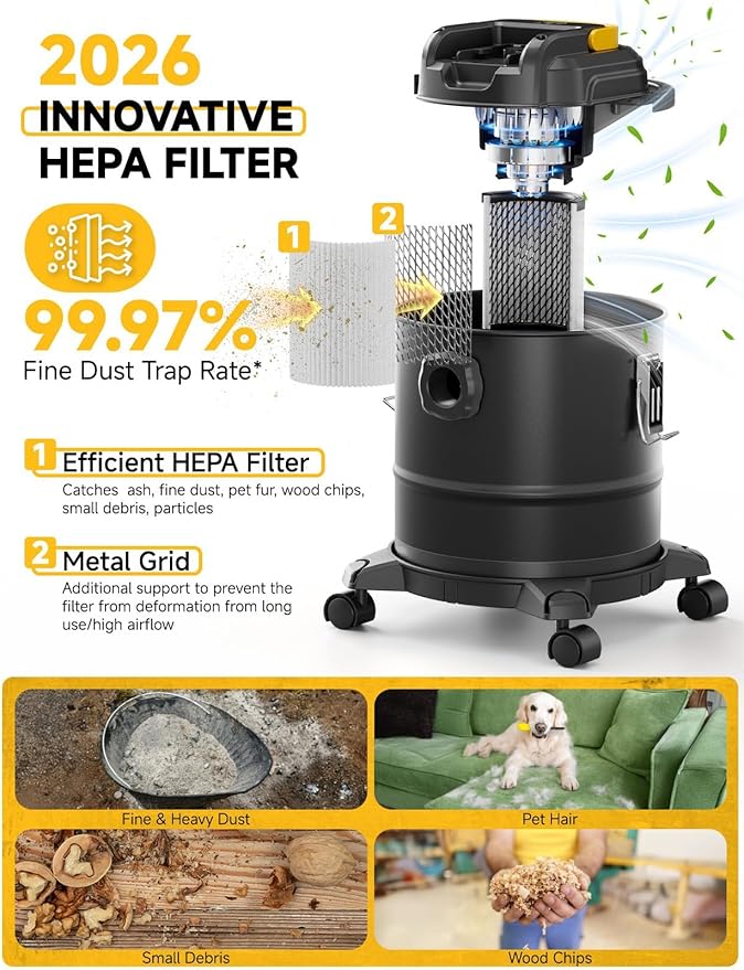 Cordless Ash Vacuum for Pellet Stoves, for DEWALT 20V Max Battery, Pellet Stove Vacuum Cleaner with 2 HEPA Filters, Powerful Suction, 4 Gallons & 4 Wheels, 38" Hose for Wood Fireplaces, BBQ Grills