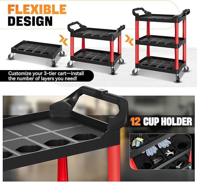 Auto Dynasty 3-Tier Rolling Cart Trolley Storage Detailing Cart with Cup Holders 120kg Capacity on Wheels Fits Home, Garage, Warehouse, Hotel and Workshop Use, Black
