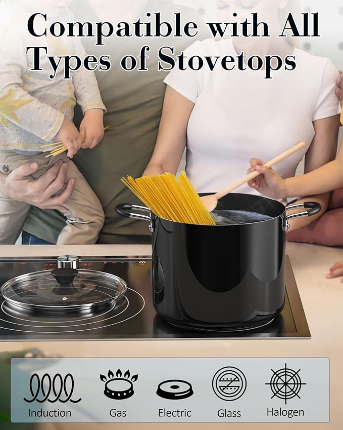 Cook N Home 10.5 Quart Non Stick Stock Pot with Lid, Large Pots for Cooking | Nonstick Soup Pot, Stockpot Induction Cookware - Oven & Dishwasher Safe, Black