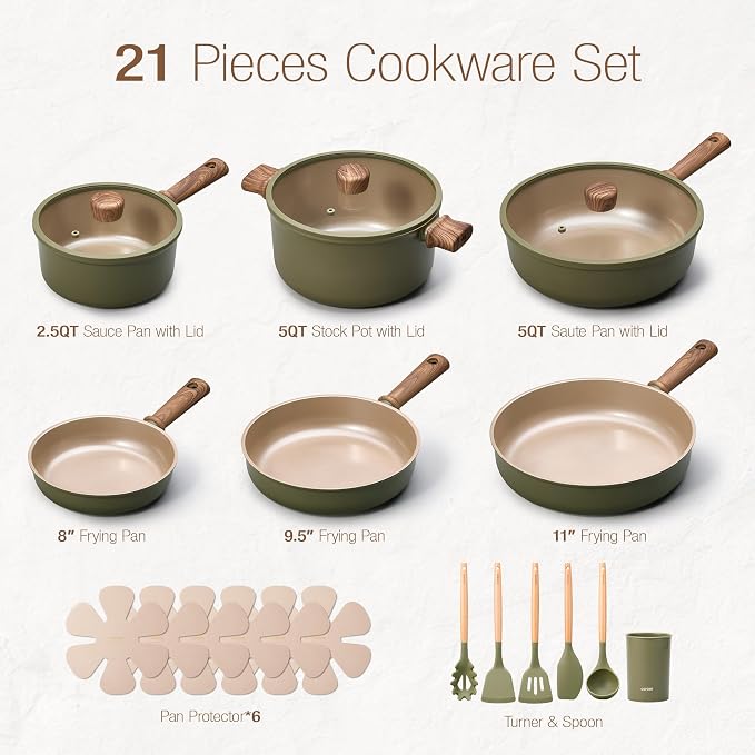 CAROTE 21pcs Ceramic Cookware Set, Pots and Pans Set, Green | Non-Toxic Healthy Kitchen Cooking Set, Easy Clean, Even Heating, Fit All Stovetops, with Silicone Lids, PFAS FREE