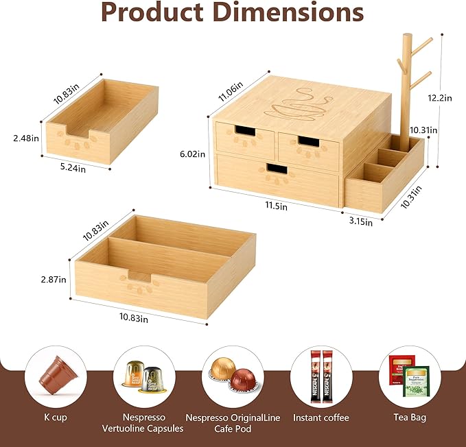 Coffee Pod Drawer, Wooden K Cup Holder with Tree Shape Mug Holder and Side Storage Box, 2-Tier K Pod Drawer Coffee Maker Machine Stand(80 Kcups+60 Tea Bags Capacity)