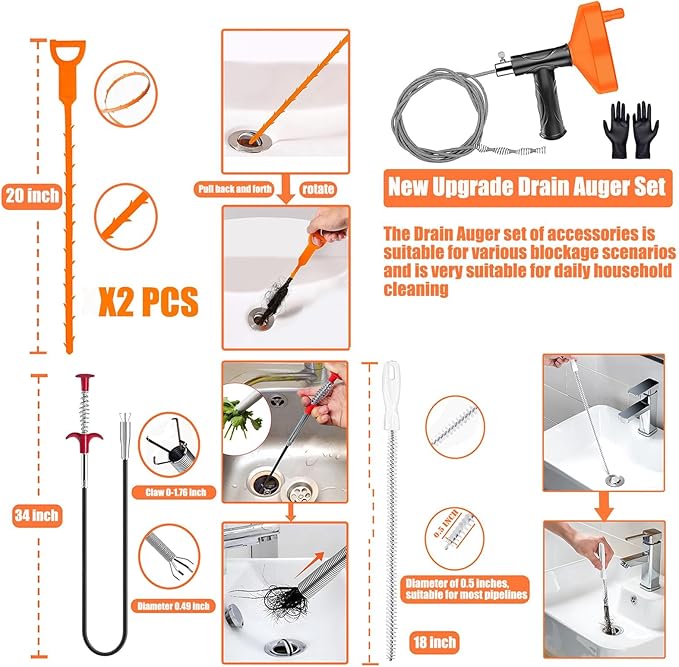 Drain Snake Auger, Plumbing Snake Drain Hair Clog Removal Tool, Sink Unclogger Drain, Heavy Duty Drum Auger, Cleaner Tool for Bathroom Kitchen Tub Shower Drain Clog Remover with Gloves (33 Feet)