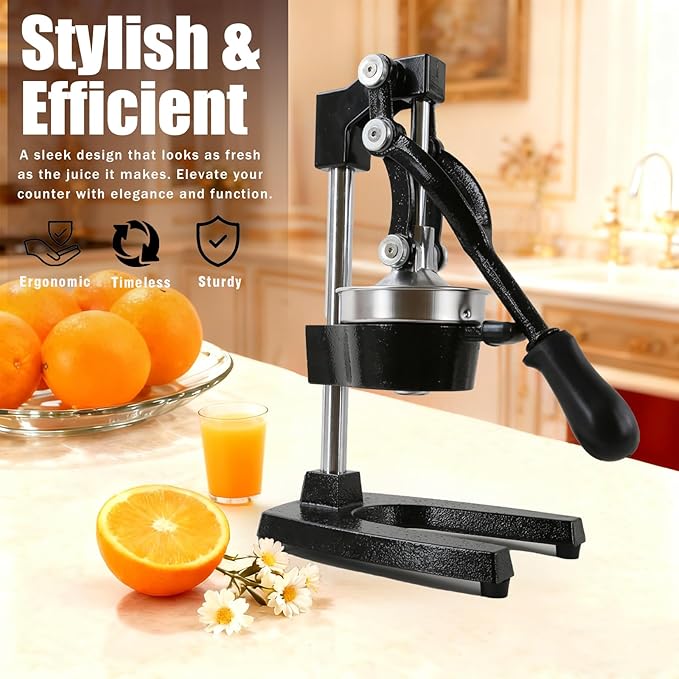 Juicer Manual Cast Iron Citrus Juicer, Heavy-Duty Orange Lemon Squeezer, Extra-Large Commercial Citrus Press, Easy to Clean with Bonus Stainless Steel Cup (Black)