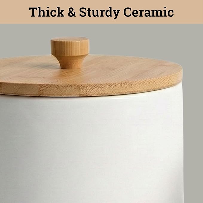 Ceramic Kitchen Canisters for Countertop Set of 3 with Airtight Bamboo Lids - White Kitchen Canisters with Airtight Lids - Flour Sugar Canister Set - Flour and Sugar Containers Farmhouse - Coffee Jar