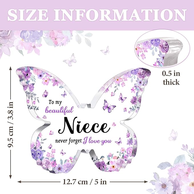 Niece Gifts from Auntie Aunt Uncle - Unique Purple Butterfly Acrylic Plaque Desk Decor - Mothers Day Christmas Valentines Day Graduation Gift for Niece - 5 x 3.8 x 0.5 inches