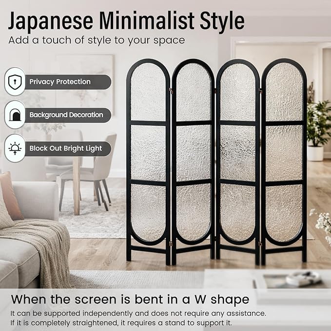 Acrylic Room Divider 4 Panel 67" Tall Arched Room Divider and Privacy Screen with Solid Paulownia Wood Frame, Freestanding Partition Divider for Room Separation, Home, Bedroom - Black