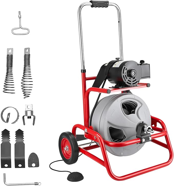 VEVOR Drain Cleaner Machine 75 FT x 1/2 Inch, Sewer Snake Auger on Wheels, Manual Feed Drain Cleaning Machine with Adjustable Drum Angle, 6 Cutters & Air-activated Foot Switch for 2" to 6" Pipes
