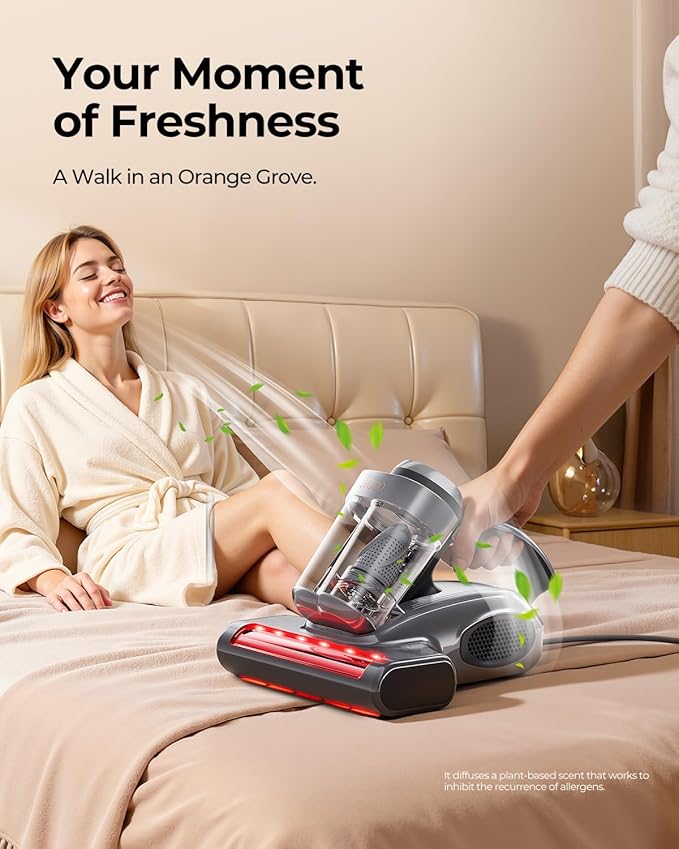 JIGOO J300 Pro Matture Vacuum Cleaner with 14Kpa 550W Powerful Suction, Infrared, UV & Heating Tech for Deep Cleaning, Anti-Allergen Bed Vacuum with Dust Sensor & Plant Fragrance for Bed, Sofa, Crib