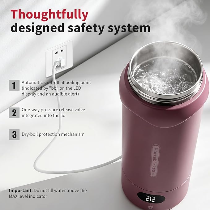Insulated Stainless Steel Travel Electric Kettle Small, Smart Water Bottle with 4 temperature control, Leak-Proof, Mini Travel Essentials Portable Office Gifts for Tea Lovers, Black Cherry