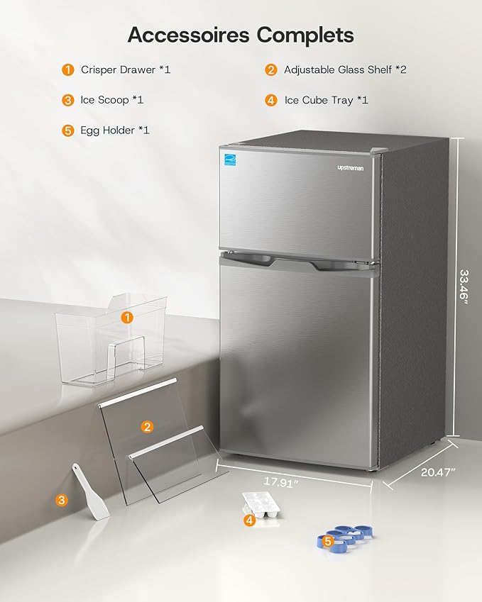 Upstreman 3.1 Cu.Ft Mini Fridge with Freezer, Double Door Small Refrigerator, Adjustable Thermostat, Energy Star Certified Low Noise Mini Refrigerator for Bedroom, Dorm, Apartment Silver-TM31