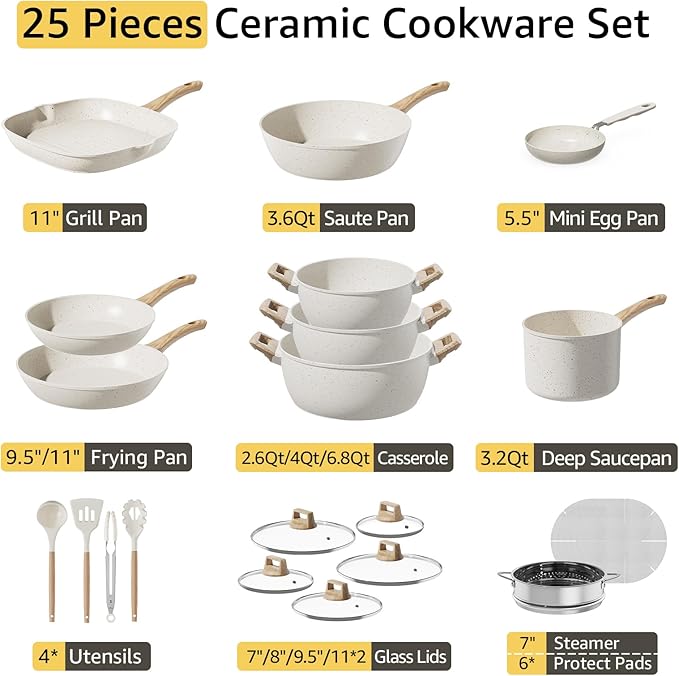 25Pcs Pots and Pans Set Non Stick, Ceramic Cookware with Titanium-Reinforced Nonstick Coating, PFAS-Free & Induction Ready, Long-Lasting Performance, Full Kitchen Set with 3 Casseroles