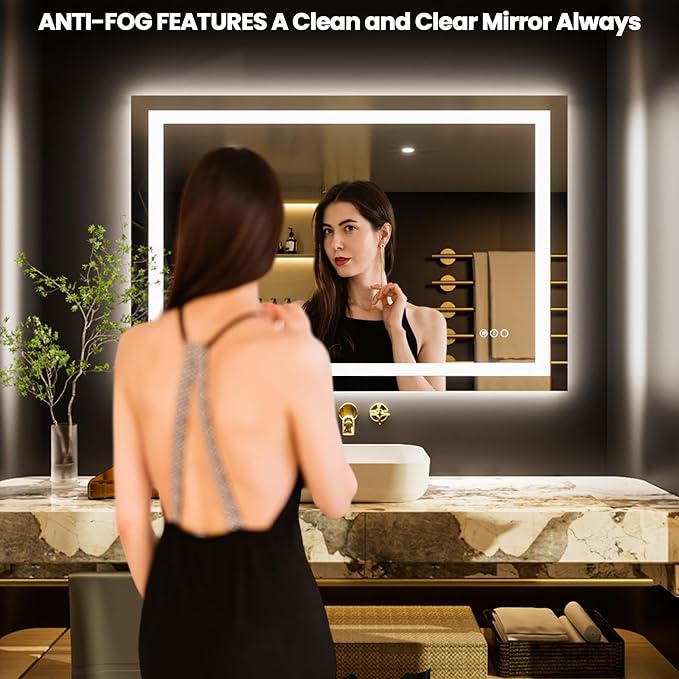LOAAO 50"X36" LED Bathroom Mirror with Lights, Anti-Fog, Dimmable, Backlit + Front Lit, Lighted Bathroom Vanity Mirror for Wall, Memory Function, Tempered Glass, Safe to Use, ETL Listed