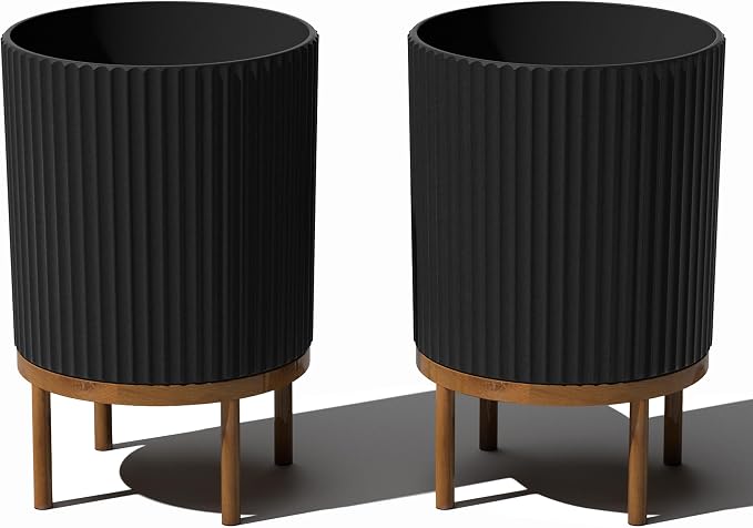 Veradek Demi Series Round Planter w/Stand for Porch/Patio | Durable Plastic-Stone Composite & Wooden Stand | Modern Décor for Tall Plants, Flowers