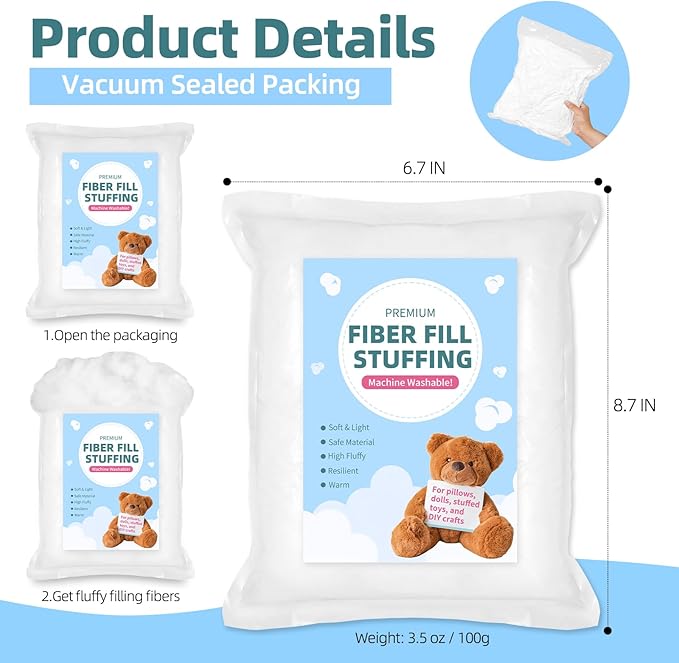 Fiberfill Stuffing for Crochet Animals, Crafts, Cushion and Clouds, Premium Quality Fiber Fill Pillow Stuffing Machine Washable Ployester. 100g/3.5oz