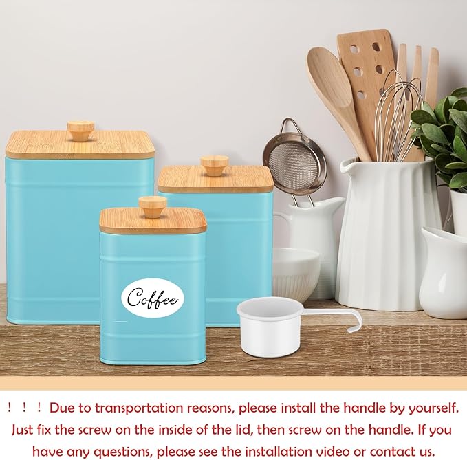 Tioncy Kitchen Canisters for Countertop Set of 3 Metal Canisters Sets with Bamboo Lids Spoon Airtight High Capacity Coffee Tea Sugar Flour Jars with DIY Labels Farmhouse Food Storage(Turquoise,L,M,S)