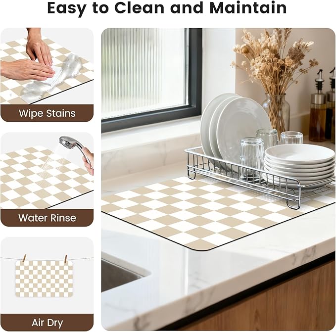 12" x 20" Checkered Dish Drying Mat for Kitchen Counter, Absorbent Coffee Bar Mat for Espresso Machine Coffee Countertops Accessories, Beige