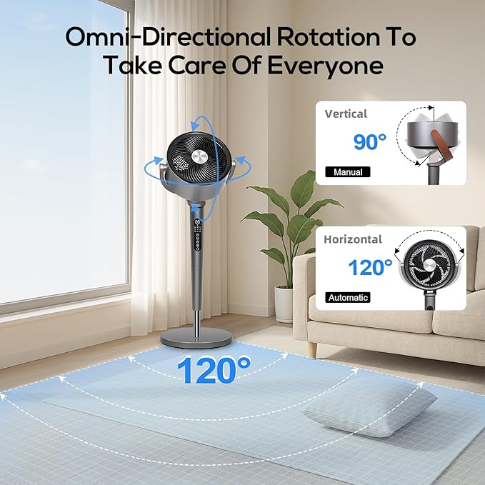 hykolity Large Fan for Bedroom, 120° Oscillating Standing Fan, 85ft Air Circulator With Remote, DC Motor Quiet Floor Fans, Adjustable Height, 12 Speeds, 5 Modes, 12H Timer