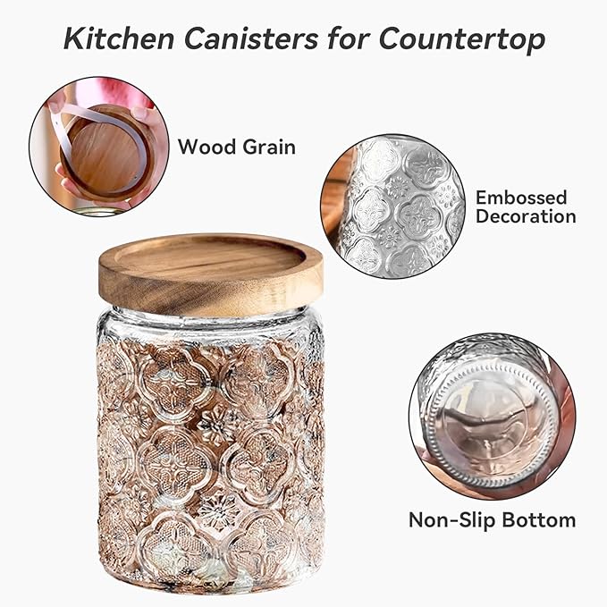 Glass Jar with Lid, Vintage Glass Storage Jars with Airtight Lid Coffee Canister Sugar Container for Kitchen Counter Pantry, Flour, Candy, Tea, Coffee Beans, Oats (Begonia Sunflower Round)